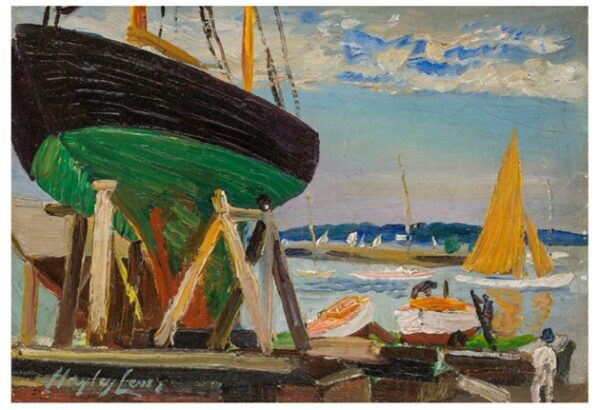 A painting with boats and sea and water and sky