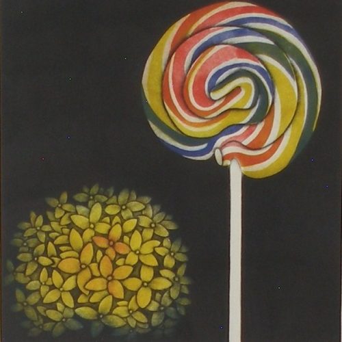 “Lollypop.” A colorful lollipop and a round plant in an otherwise dark background.