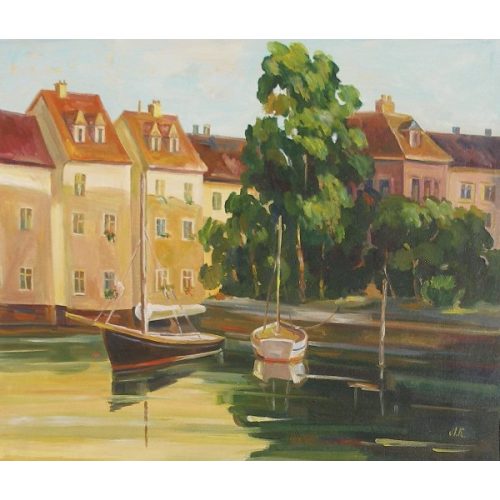 A painting with a tree in front with buildings in te back