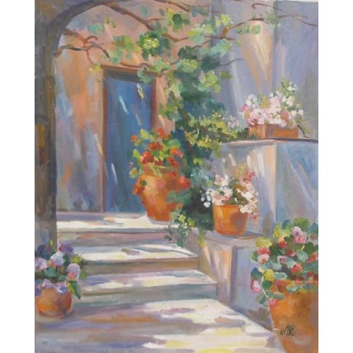 A painting with flowers and tress near a stair with a gate in front