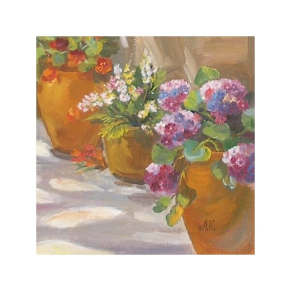 A painting with many flowers in pots kept on the surface