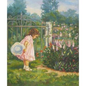 The painting of a kid playing in the garden with flowers