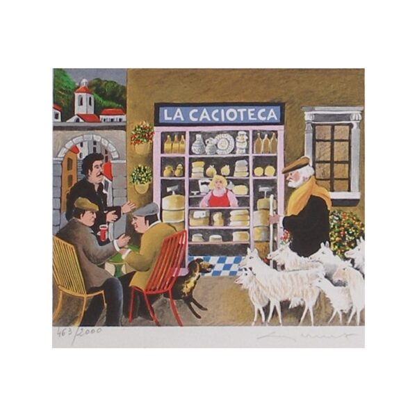 “La Cacioteca.” Men at a table talking and a man with herd of sheep.