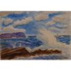A painting of high waves in a sea with a light house in the distance