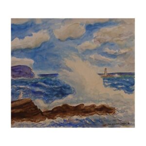 A painting of high waves in a sea with a light house in the distance
