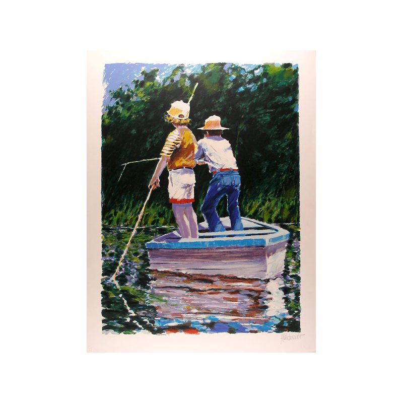 “Summer fishing.” Two children on a boat, fishing.