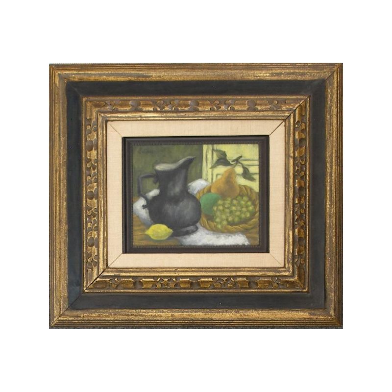 Untitled, framed. Fruits and a black decanter.
