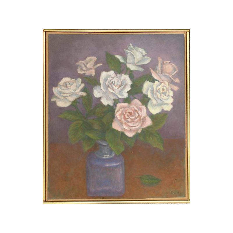 “Vase bleu et roses.” Blue vase with white and pink roses.