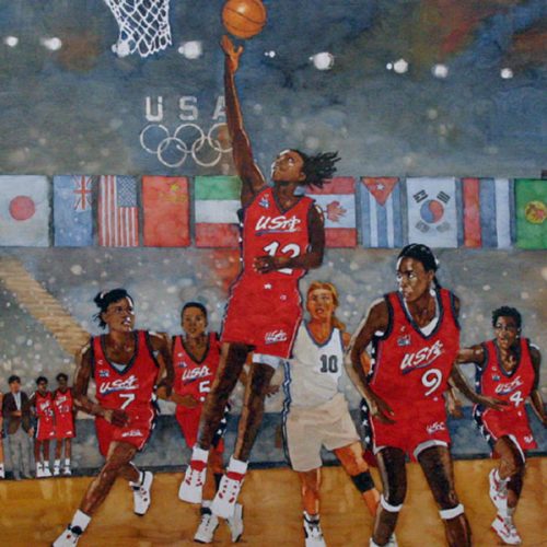 A painting of a basket ball match with a person abut to goad in red uniform